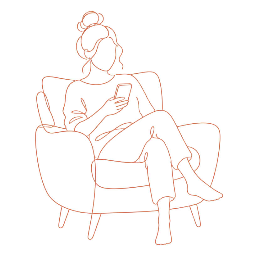 Ilustração de linha de uma mulher sentada em poltrona com celular na mão